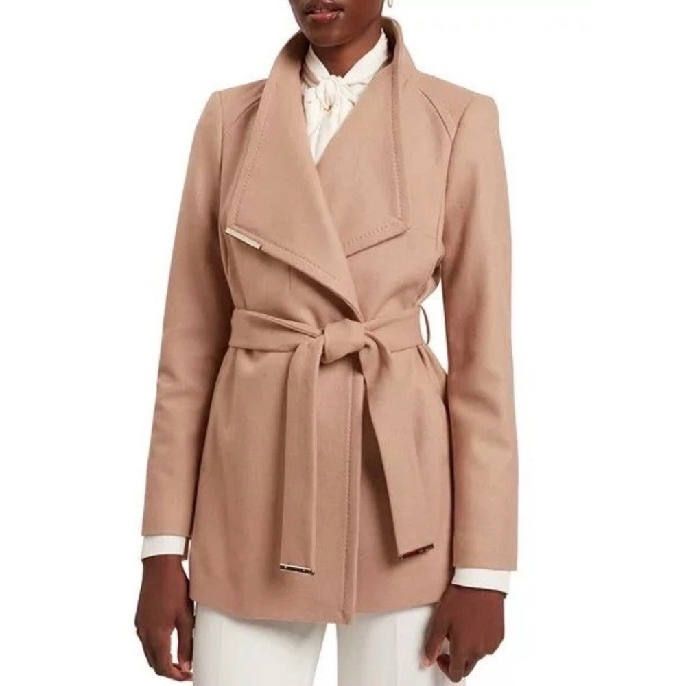 Ted Baker Rosess Short Belted Wool Wrap Coat Camel Tan Woven in Italy Size 3 NEW